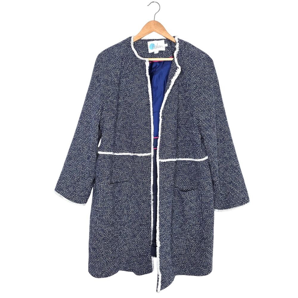 Boden Size 16 Navy White Tweed Longline Coat Jacket Cotton Blend Frayed Trim